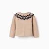 Knitted cardigan with striped collar for baby girls, beige/navy blue