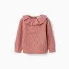 Openwork knit jumper with ruffled collar for baby girls, pink