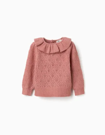 Openwork knit jumper with ruffled collar for baby girls, pink