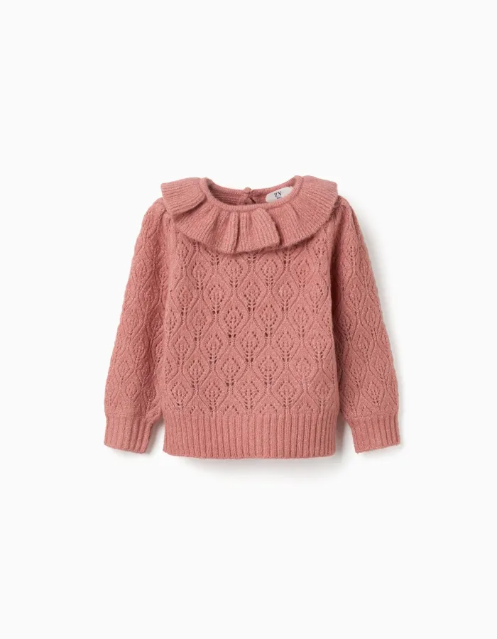 Openwork knit jumper with ruffled collar for baby girls, pink
