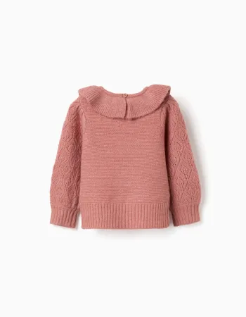 Openwork knit jumper with ruffled collar for baby girls, pink