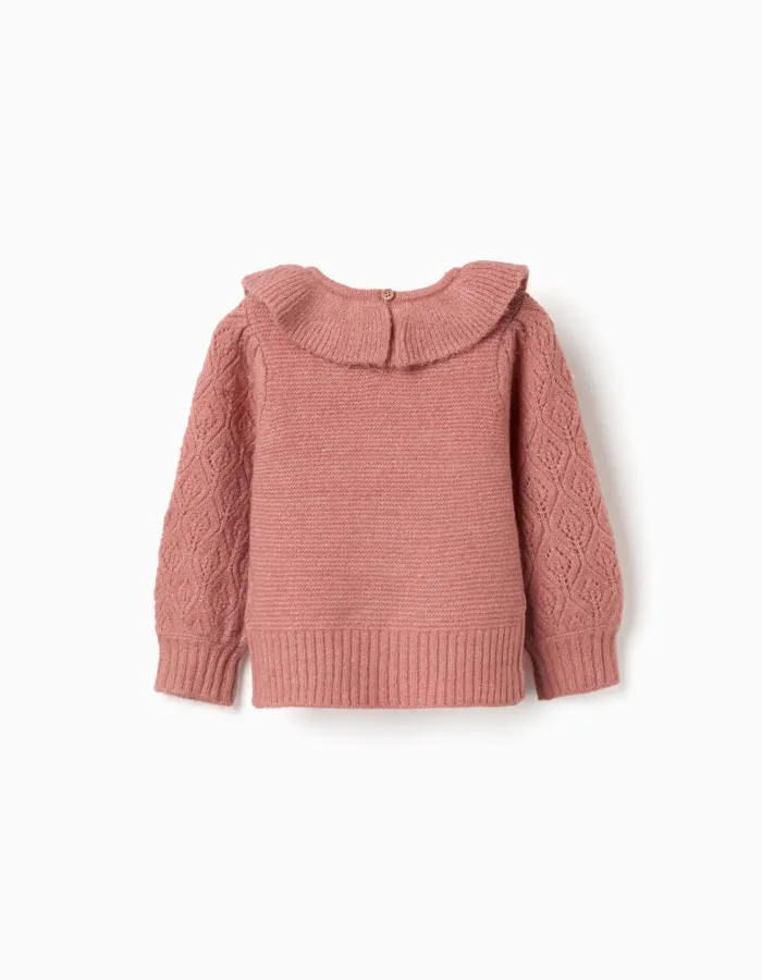 Openwork knit jumper with ruffled collar for baby girls, pink