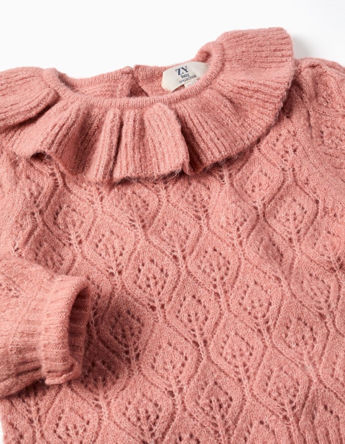 Openwork knit jumper with ruffled collar for baby girls, pink