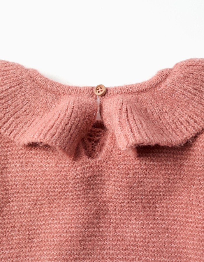 Openwork knit jumper with ruffled collar for baby girls, pink