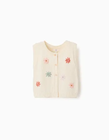 Knitted vest with floral embroidery for baby girls, white