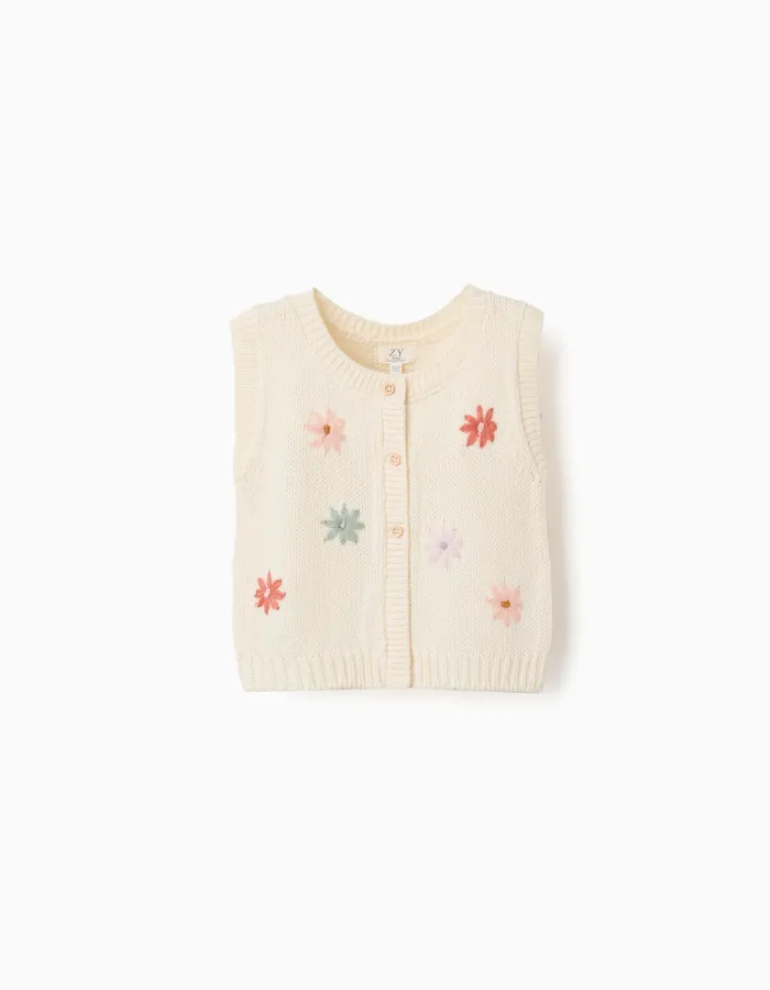 Knitted vest with floral embroidery for baby girls, white