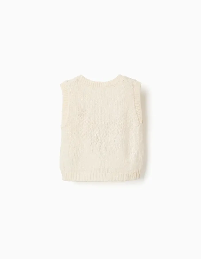 Knitted vest with floral embroidery for baby girls, white