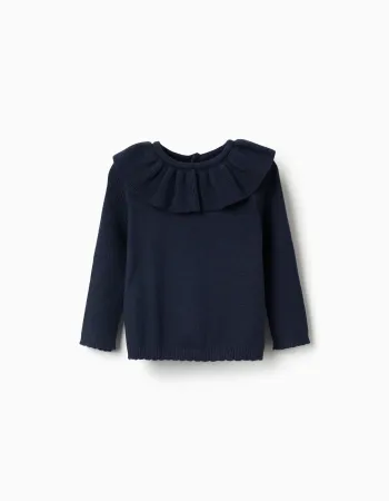 Knitted jumper with scalloped ends for baby girls, navy blue