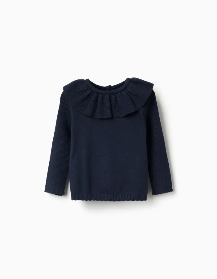 Knitted jumper with scalloped ends for baby girls, navy blue