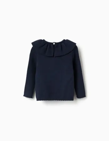 Knitted jumper with scalloped ends for baby girls, navy blue