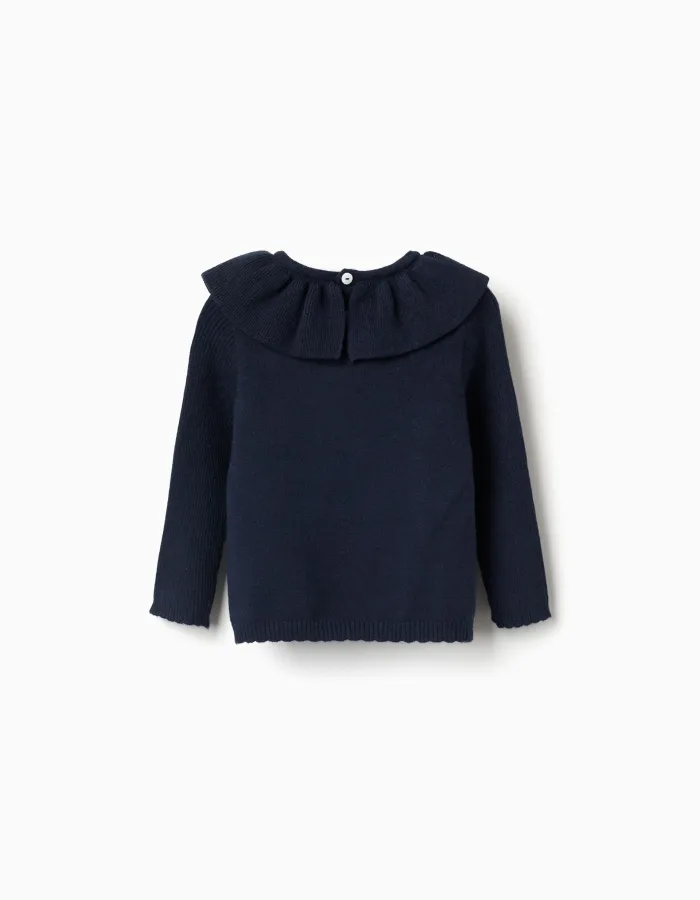 Knitted jumper with scalloped ends for baby girls, navy blue