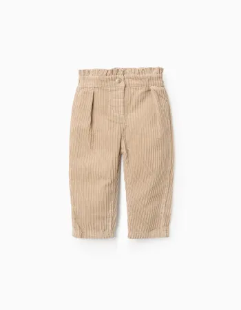 Paperbag Corduroy Trousers for Baby Girl, Beige