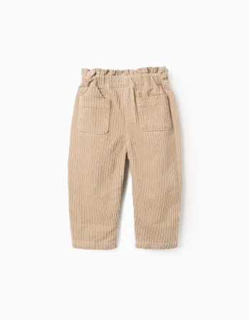 Paperbag Corduroy Trousers for Baby Girl, Beige