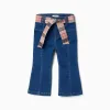 Flared jeans with pockets and checked belt for baby girls, blue