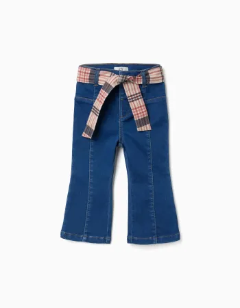 Flared jeans with pockets and checked belt for baby girls, blue