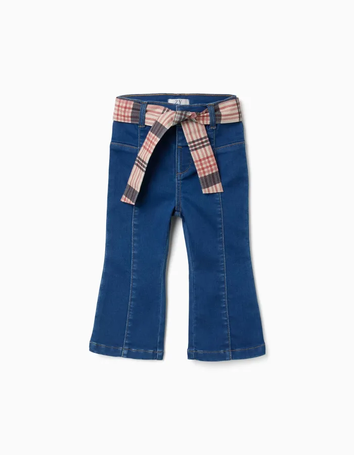 Flared jeans with pockets and checked belt for baby girls, blue