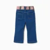 Flared jeans with pockets and checked belt for baby girls, blue