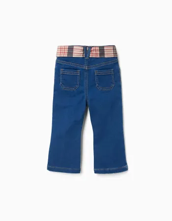 Flared jeans with pockets and checked belt for baby girls, blue