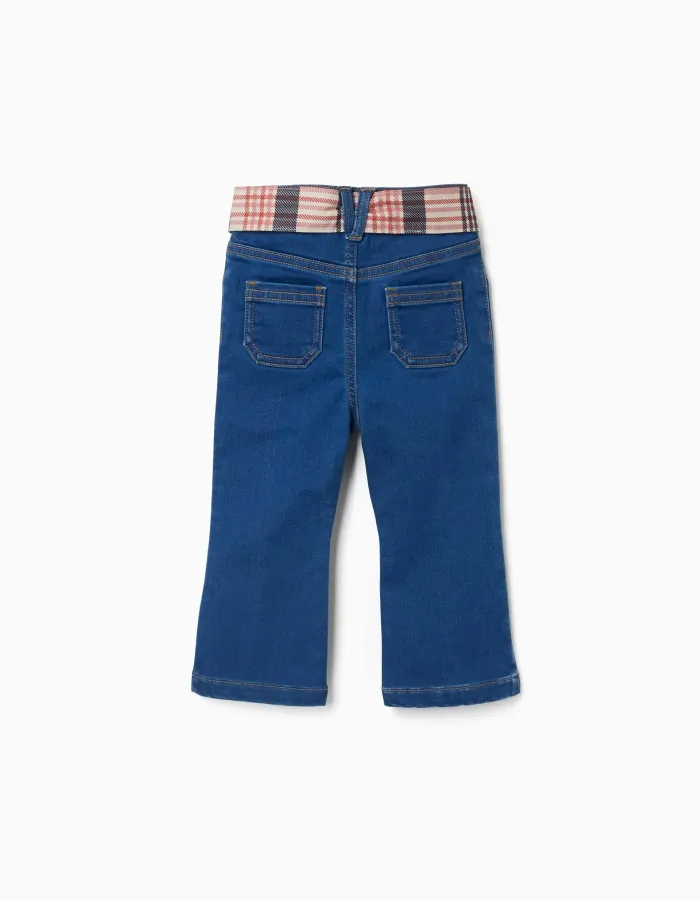 Flared jeans with pockets and checked belt for baby girls, blue