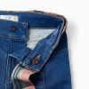 Flared jeans with pockets and checked belt for baby girls, blue