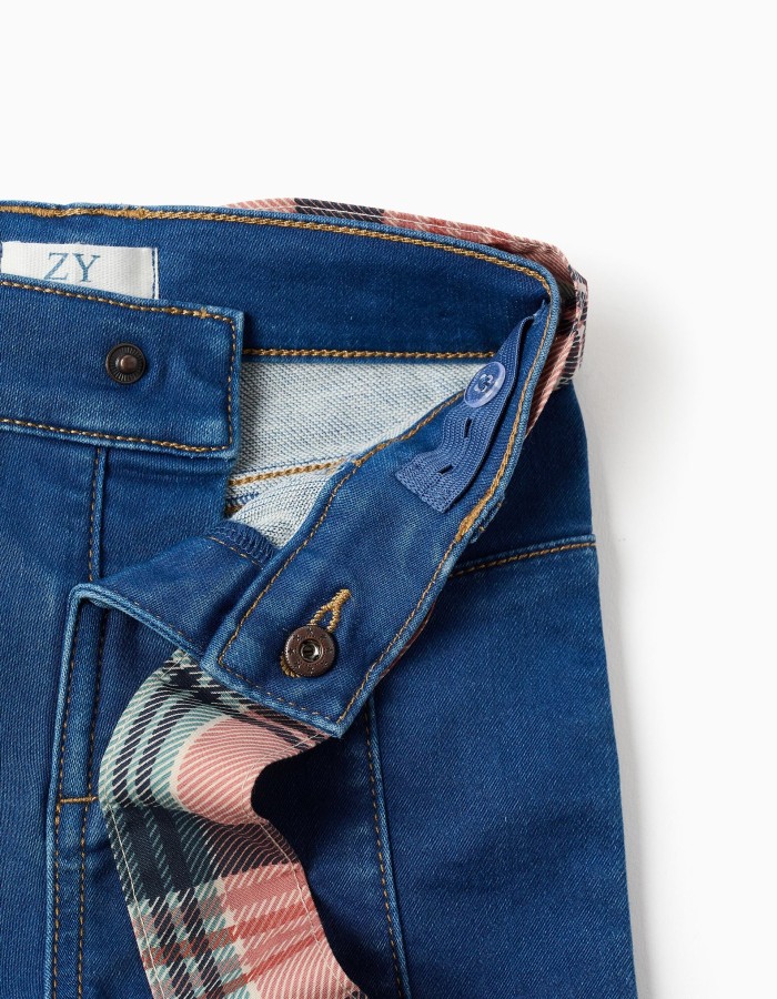 Flared jeans with pockets and checked belt for baby girls, blue
