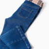 Flared jeans with pockets and checked belt for baby girls, blue