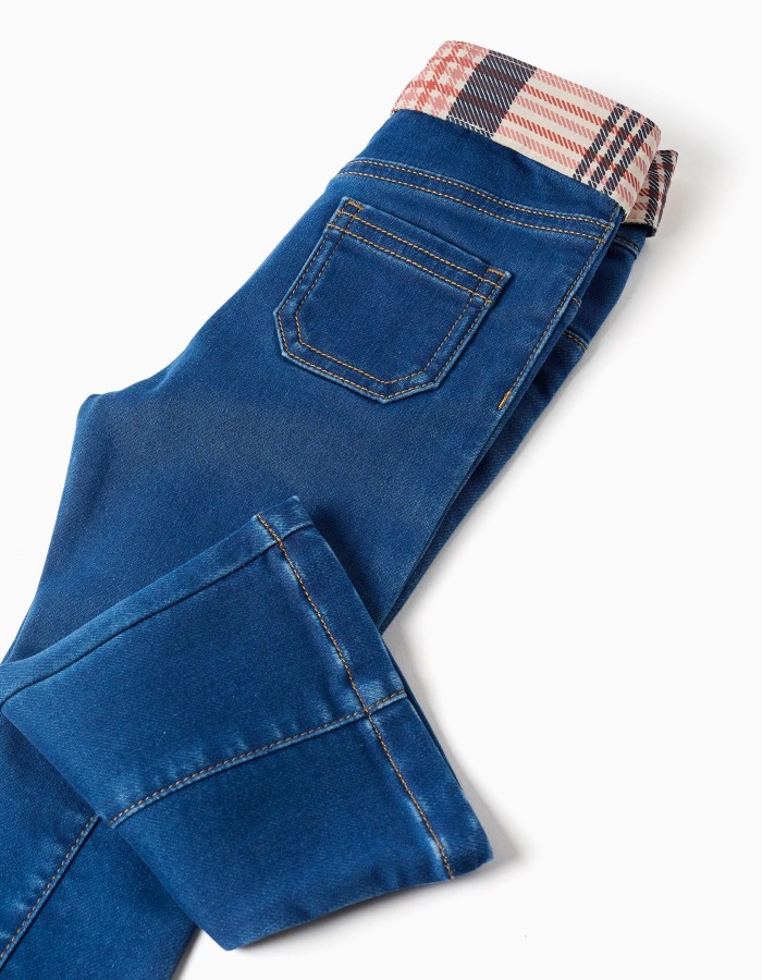 Flared jeans with pockets and checked belt for baby girls, blue