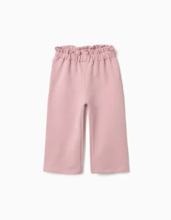 Wide leg fleece trousers with elastic waistband for baby girls, pink