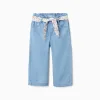 Wide leg denim trousers with floral belt for baby girls, light blue