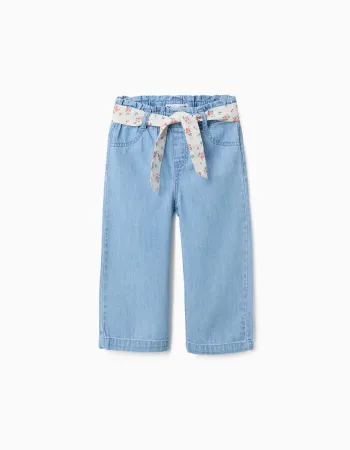 Wide leg denim trousers with floral belt for baby girls, light blue