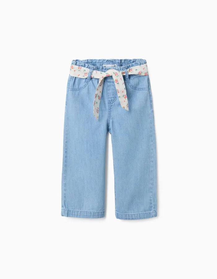 Wide leg denim trousers with floral belt for baby girls, light blue