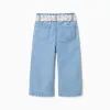 Wide leg denim trousers with floral belt for baby girls, light blue