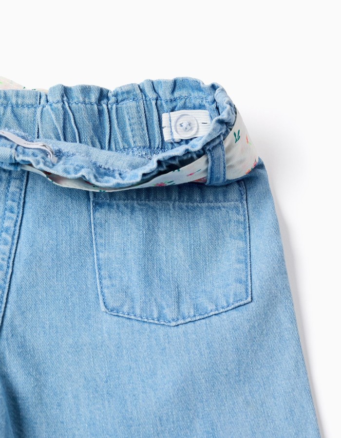 Wide leg denim trousers with floral belt for baby girls, light blue