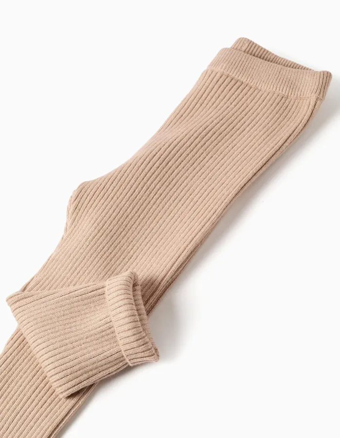 Ribbed knit trousers for baby girls, beige