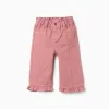 Wide leg twill trousers with ruffles for baby girls, pink
