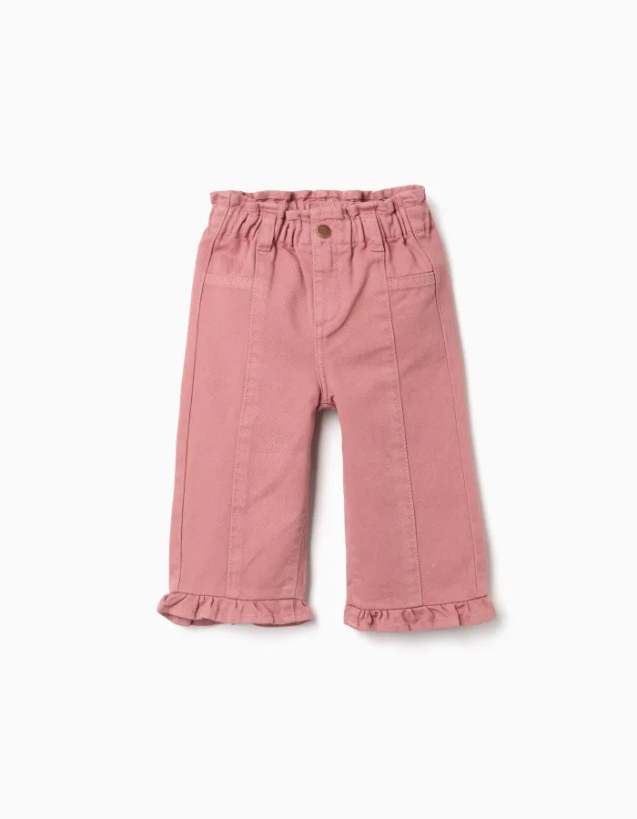 Wide leg twill trousers with ruffles for baby girls, pink
