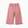 Wide leg twill trousers with ruffles for baby girls, pink