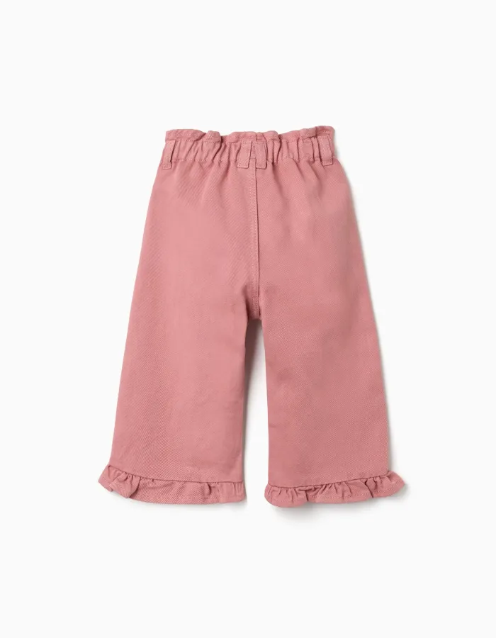 Wide leg twill trousers with ruffles for baby girls, pink