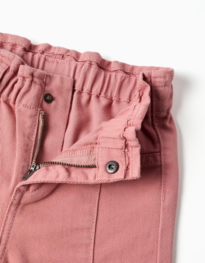 Wide leg twill trousers with ruffles for baby girls, pink