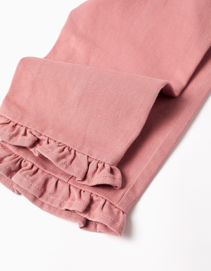 Wide leg twill trousers with ruffles for baby girls, pink