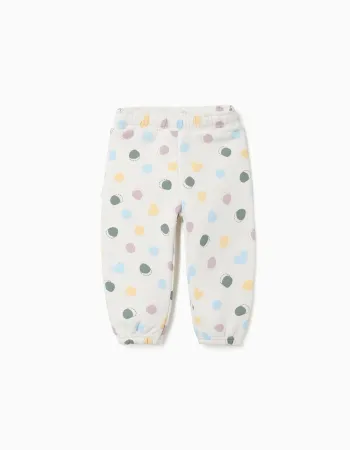 Brushed fleece trousers with dots pattern for baby girls, white