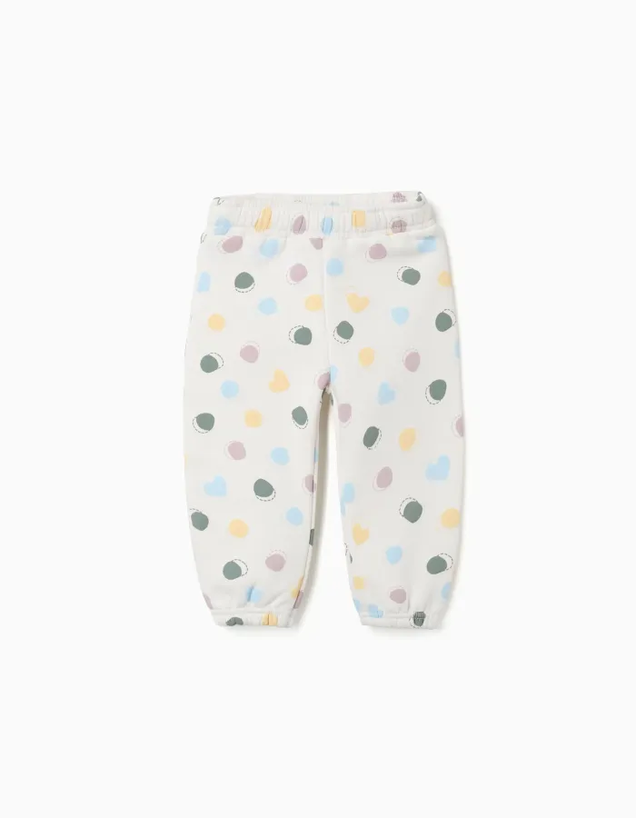 Brushed fleece trousers with dots pattern for baby girls, white