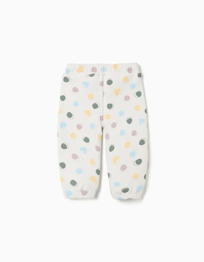 Brushed fleece trousers with dots pattern for baby girls, white
