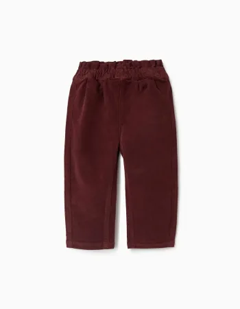 Corduroy trousers with ruffled paperbag waist for baby girls, burgundy