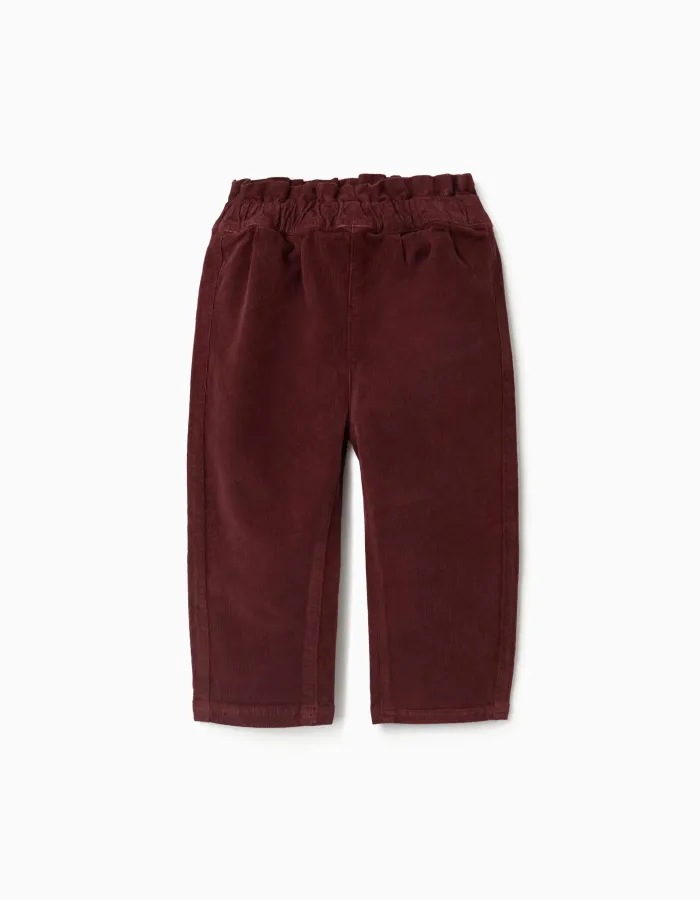 Corduroy trousers with ruffled paperbag waist for baby girls, burgundy