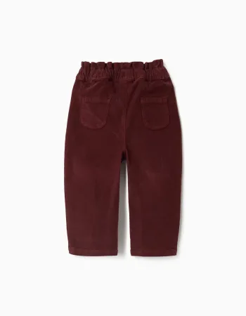Corduroy trousers with ruffled paperbag waist for baby girls, burgundy