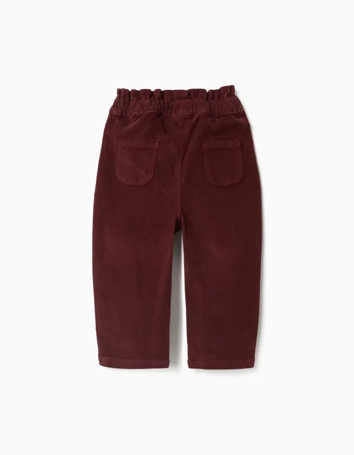 Corduroy trousers with ruffled paperbag waist for baby girls, burgundy