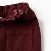 Corduroy trousers with ruffled paperbag waist for baby girls, burgundy