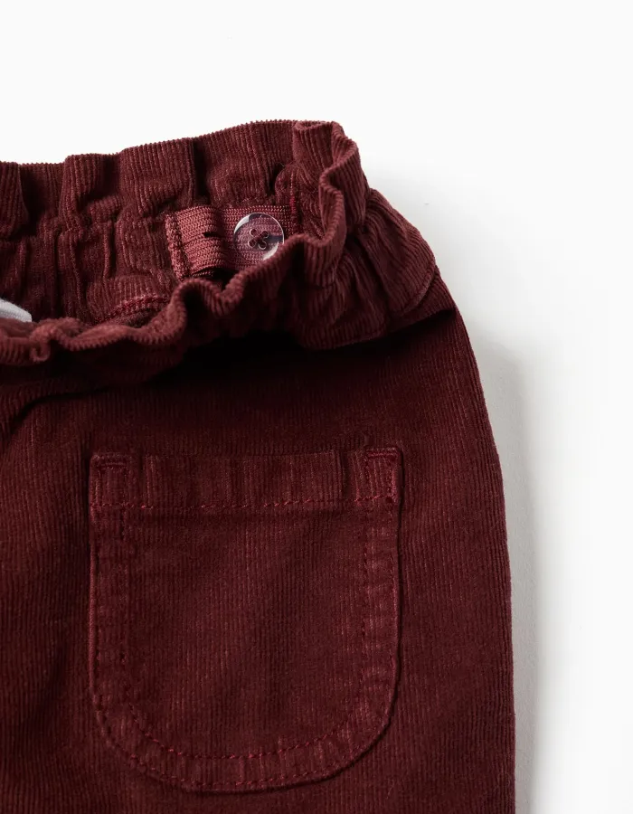 Corduroy trousers with ruffled paperbag waist for baby girls, burgundy