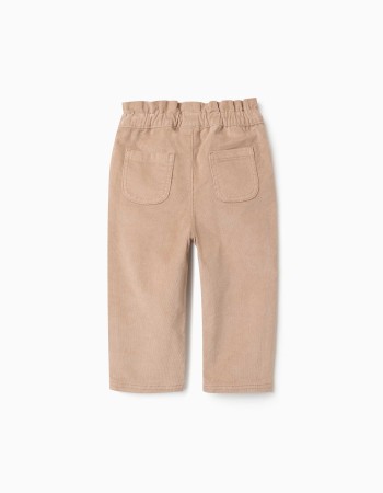 Corduroy trousers with ruffled paperbag waist for baby girls, beige